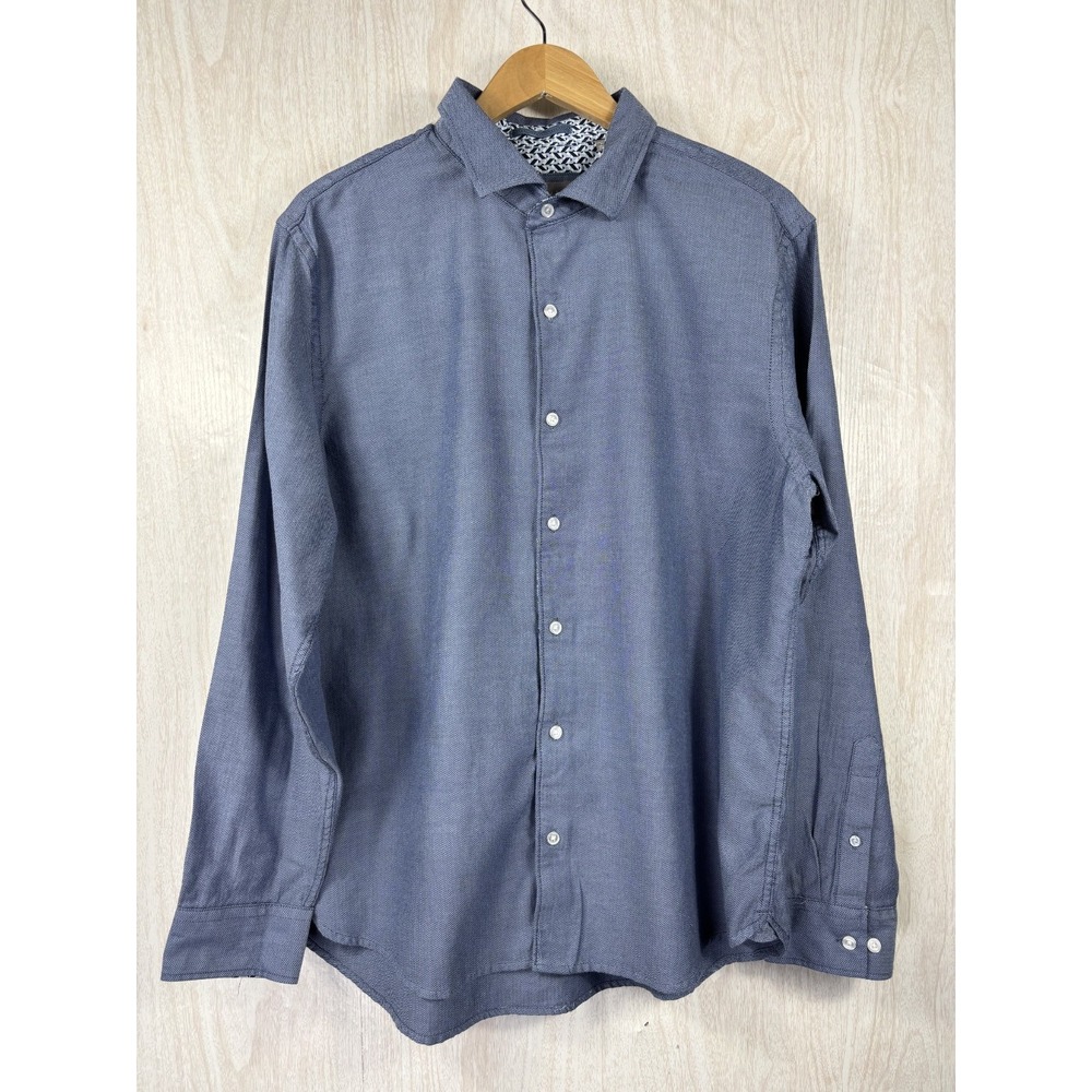 Ted Baker Mens XL Blue Geometric Textured Button Up Shirt Contrast Collar